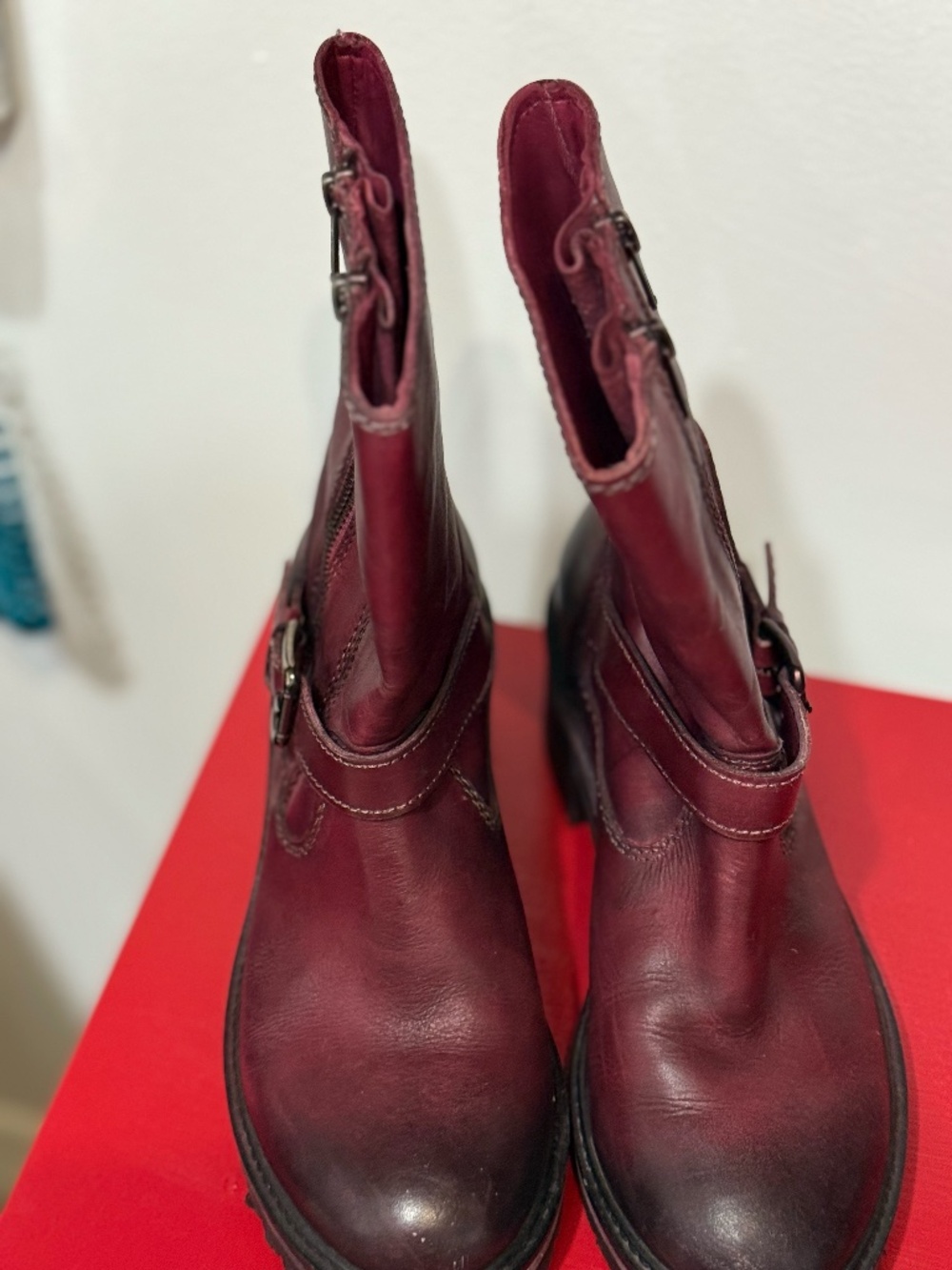 SOLD - Vintage Foundry Co. burned burgundy leather boots